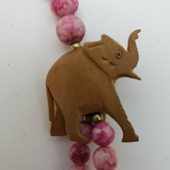 Pink Stone Beads Carved Wooden Elephant Necklace - Picture 4 of 5